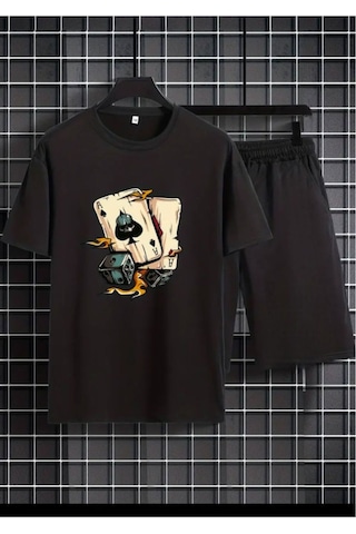 Medinenur Zar Baskılı T-shirt Short Bol Paça Rahat Kalıp Siyah Alt Siyah Üst Short Takım Siyah