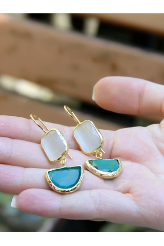 İkili Model Kedigözü Cam Sallantılı Kadın Küpe Euku26y Yeşil