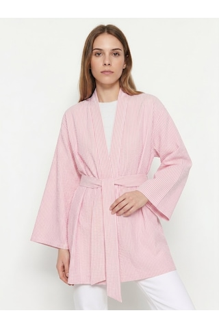 Saade Sââde Kadın Dikey Çizgili Geniş Kollu Şık Yazlık Relaxed Kimono Pembe