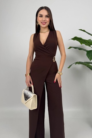 Crimson Icon Kadın Kemer Detaylı Askılı Bol Paça Kahve Tulum Rahat Şık Yazlık Kombin Kahve