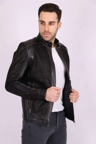 Erkek Siyah Hakiki Deri Hakim Yaka Biyeli Spor Mont