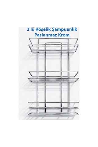 3 Kat Kare, Köşelik Şampuanlık Paslanmaz Krom Duşakabin Banyo Rafı, Duş Organizeri