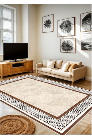 Krem Kahverengi Dijital Baskı Salon Halısı Kaymaz Tabanlı Yıkanabilir Halı Yolluk 530 Krem