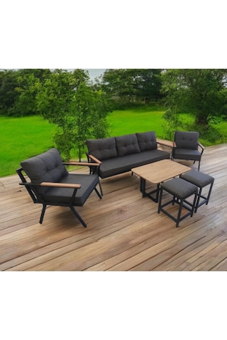 Pilocca Bahçe Ve Balkon Mobilyası Antrasit 3+1+1 Sehpa Ve 2 Puflu Antrasit