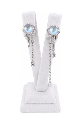 Cm Jewelry Zirkon Taşlı Yıldız Detaylı Sallantılı Gümüş Renk Çelik Küpe