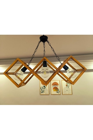 Doğal Eskitme 3'lü Ahşap Kare Çerçeveli Avize Siyah Zincir Askı