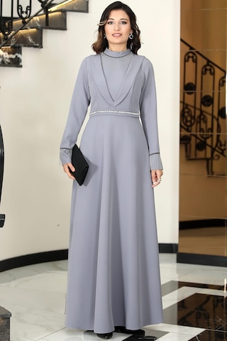 Gamze Zincir Detaylı Tesettür Elbise Gri Gri