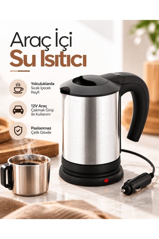 Shnstore 12v Araç Çakmak Girişli Paslanmaz Çelik Araç İçi Su Isıtıcı Seyahat Tipi Kettle Shntknd0720
