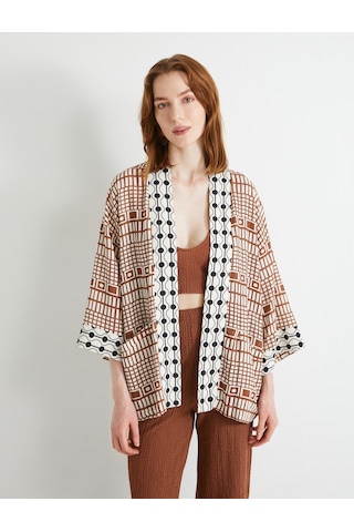 Koton Oversize Kimono Viskon Keten Karışımlı Yarım Kollu Cepli Kahverengi Desenli 4sak50025ew Kahverengi