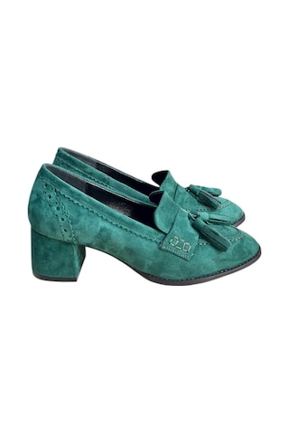 Tufan Shoes Yeşil Hakiki Deri Süet Püskül Detay Topuklu Ayakkabı YESIL