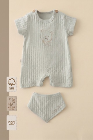 Minory Baby - %100 Pamuk Müslin Bebek Tulum Seti Ayı Nakışlı Fular Önlüklü Gri Gri