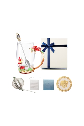 Çay Fincanı Kahve Kupa Seti Kaşık Ve Altlık İle - Güzel Cappuccino Latte Fincanları - Sıcak / Soğuk İçecekler İçin Şeffaf İzole Cam Kupalar - Anne Kadınlar İçin Şık Hediye Kırmızı Kelebek Ve Gül Çok Renkli