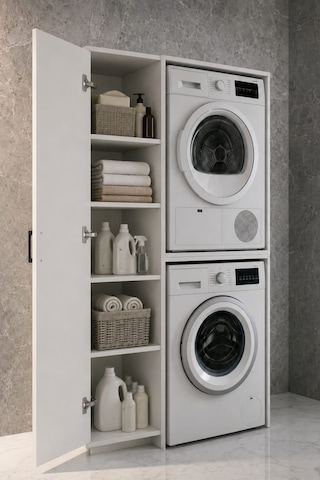 Rudu Sera Çamaşır Ve Kurutma Makinesi Dolabı, Banyo Dolabı 92x65x184 Cm 1 Kapaklı 5 Raflı-beyaz