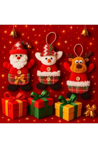 3'lü Peluş Karakterlerle Eğlenceli Yeni Yıl Dekoru Noel Figürleri Yılbaşı Ağaç Süsleri 17 Cm X 11 Cm Çok Renkli