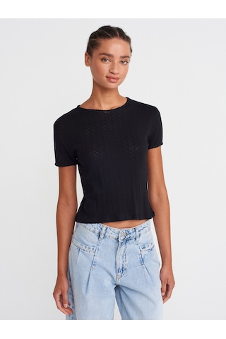 Dilvin 31795 Fiyonk Detaylı Kısa Kollu Kontrast T-shirt-siyah SIYAH