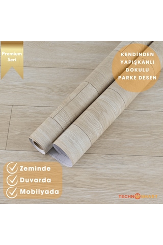 Technosmart 60 500cm Kendinden Yapışkanlı Parke Görünümlü Premium Zemin Duvar Kağıdı Dolap Kaplama Krem