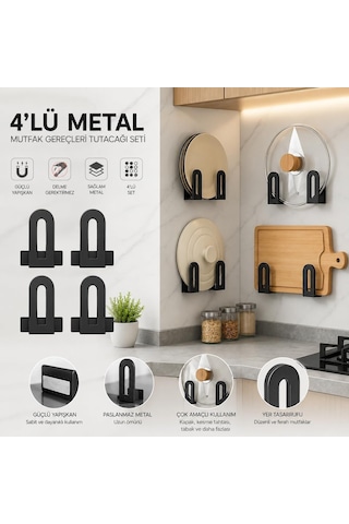 4'lü Metal Mutfak Düzenleyici Seti Yapışkanlı & Vidalı Kapak Tutucu, Kesme Tahtası Organizeri, Tabak Ve Barda Çok Renkli