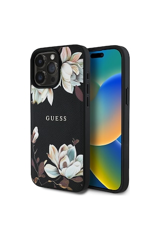 Apple Uyumlu iPhone 15 Pro Max Kılıf Guess Lisanslı Magsafe Özellikli Çiçek Tasarımlı Metal Logolu Kapak Siyah
