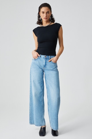 Grımelange Noemı Kadın Balerin Yaka Kısa Kol Slim Fit Ribanalı Siyah Bluz Siyah