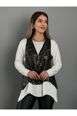 Buğrahayalin Kadın Yılan Desen Fermuar Detay Yelek Ve Asimetrik Kesim Bluz Salaş Ikili Takım Beyaz