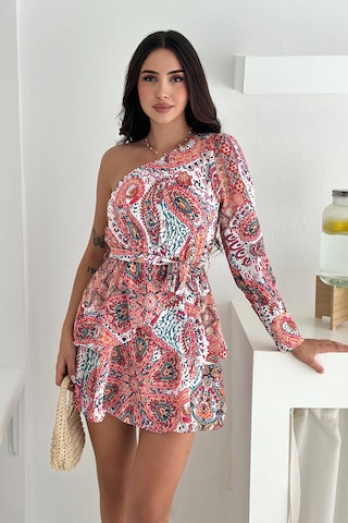 Asprin Fashion İthal Jessica Kumaş Şal Desen Tek Omuz Detaylı Elbise Desenli