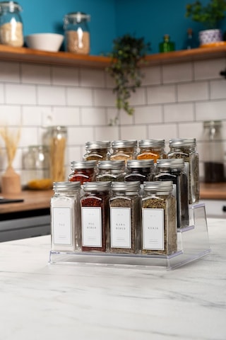 12'li Şeffaf Merdiven Standlı Cam Baharatlık Seti Kapaklı Beyaz Etiketli Baharatlık Takım Mh05slvr12 Beyaz - Şeffaf