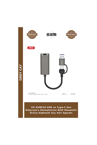 Xo Hub018 Usb Ve Type-c'den Ethernet'e Dönüştürücü Rj45 Masaüstü Ürünü Kablonet Ucu Veri Aparatı