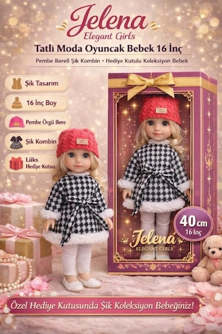 Jelena Elegant Girls Tatlı Moda Oyuncak Bebek 16 İnç Pembe Bereli Şık Kombin, Hediye Kutulu Koleksiyon Bebek