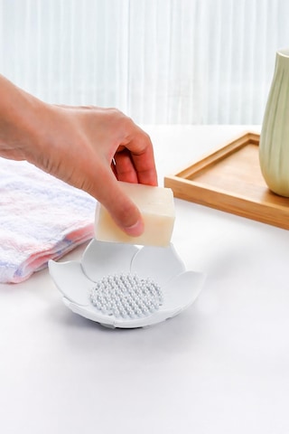 Beyaz Lotus Desenli Silikon Sabunluk Su Giderli Katı Sabunluk Banyo Lavabo Sabun Tutucu Diğer
