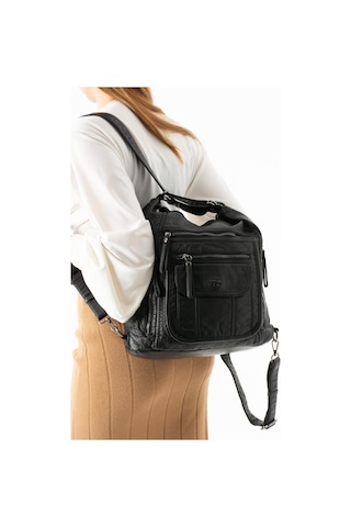 571 Collections Yıkanmış Deri Hem Sırt Hem Omuz Çantası Siyah Model: 571-14-18d