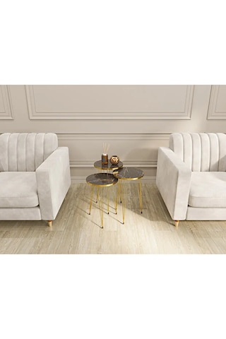 Zigon Sehpa 3'lü Yuvarlak Gold Tel Ayaklı Siyah Mermer