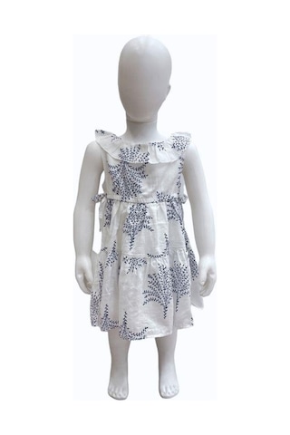 Çikoby Kız Bebek Çocuk Mavi Desenli Bel Lastikli Fırfırlı Elbise-13876 Beyaz