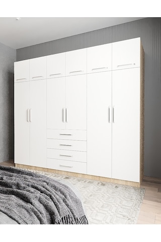 Biray 6 Kapaklı Gardırop Dolap Meşe Beyaz 240 Cm - Montaj Dahil