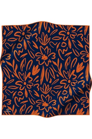 Vissona %100 Twill İpek Büyük Çiçek Desenli Lacivert - Turuncu Renkli 90x90 Eşarp Dikim Şekli : El Dikişi Çok Renkli