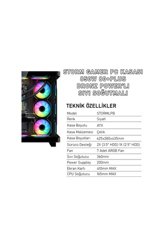 Gameagle STORMLPB Storm 7 Argb Fanlı Gamer Pc Kasası 850w 80+ Plus Bronz Power'lı Sıvı Soğutmalı Siyah
