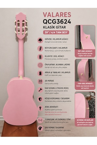 Valares Qcg3624 Klasik Gitar Soft Pembe Tasarım 39 4/4 Sap Ayarlı Köşe Korumalı Askı Aparatlı Yumuşak Tını