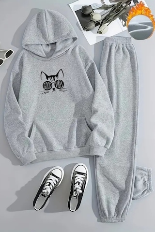 Unisex Good Vbs Kedi Baskılı Kapüşonlu Gri Eşofman Takımı - Kışlık Şardonlu Kumaş Gri