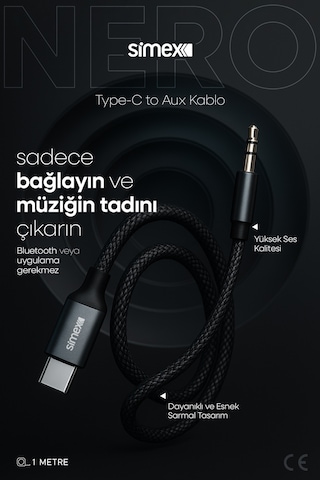 Simex Type C Dac Sa-02 Nero Kumaş Aux Kablosu Kumaş