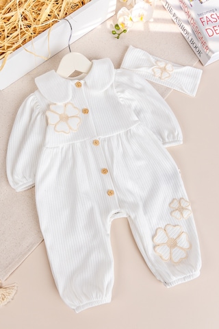 Babymod Bebe Yaka Çiçek Motifli 100% Pamuk Bandanalı Kız Bebek Tulum Krem