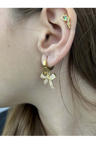 Zirkon Taşlı, Kurdela Figürlü, Paslanmaz Çelik Küpe, Altın Renk Altın