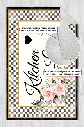 Kitchen Love Yazılı Baskılı Yıkanabilir Kaymaz Taban Mutfak Halısı Beyaz