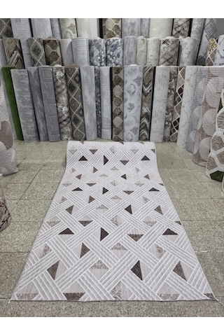 Geometrik Hasır Örgü Desenli Bej Kahve Koridor Yolluğu Kaymaz Taban Yıkanabilir Salon Mutfak Halısı