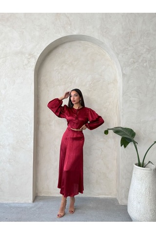 H1 Style Kraşlı Saten Etek Bordo