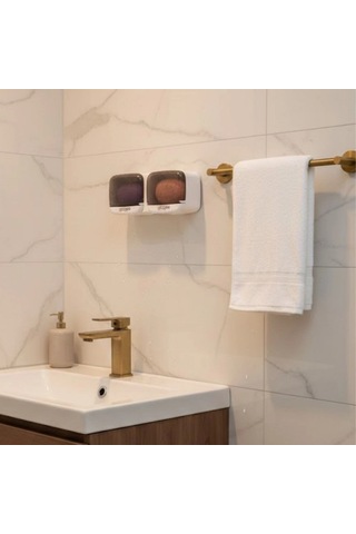 Kapaklı Katı Sabunluk 2 Bölmeli Duvara Monte Banyo Ve Mutfak Düzenleyici 000 Açık Krem