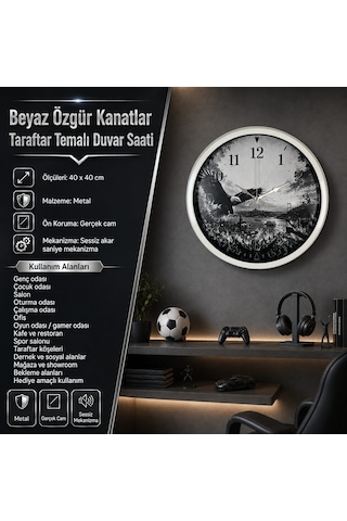 Beyaz Özgür Kanatlar Taraftar Temalı 40 X 40 Cm Metal Duvar Saati