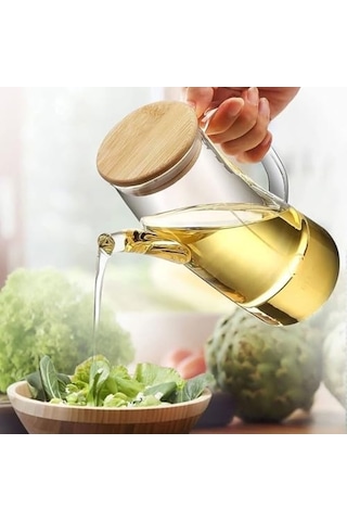 Bambu Kapklı Borosilikat Cam Yağlık & Sirkelik 1 Litre Isıya Dayanıklı & Sızdırmaz Tasarım Bambu Kapaklı Şeffaf Cam Yağdanlık 1000ml Acı Kahverengi