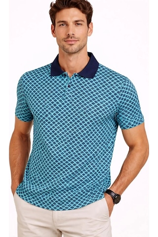 Erkek Pike Kumaş Polo Yaka Desenli Tişört Kısa Kol Yazlık T-shirt - Turkuaz Çok Renkli