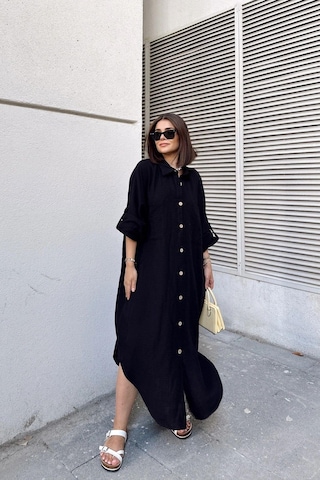 Kadın Siyah Muslin Kumaş, Yarasa Kol, Eteği Oval, Çift Cepli, Uzun Oversize Salaş Gömlek Elbise Siyah