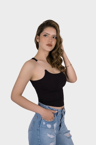 Simala Kadın Şeffaf Askılı Siyah Kaşkorse Yazlık Şık Body Crop Siyah