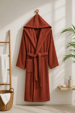 Pamuklu Kapüşonlu Banyo Bornozu Yumuşak Doku Çeyiz Cepli Kemerli Unisex Kiremit